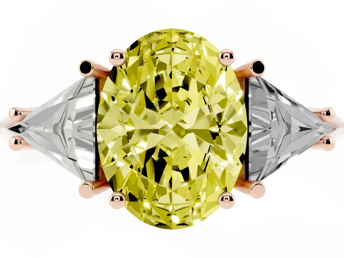 Fancy Yellow Three-Stone Oval Cut Diamond Engagement Ring with Trillion Side Stones and Prong Setting Rose gold