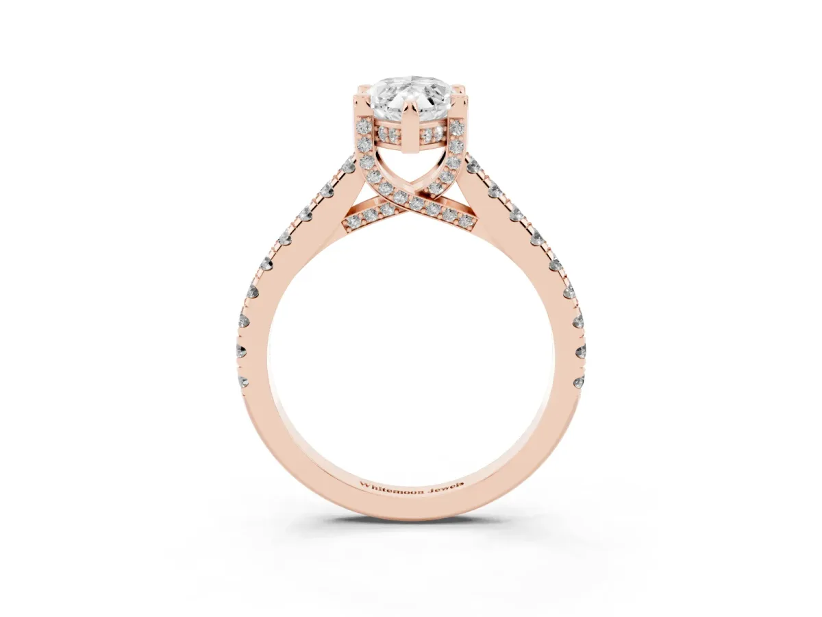 Marquise Cut Brilliant Diamond Solitaire with Pavé Band and Four-Prong Setting Rose gold