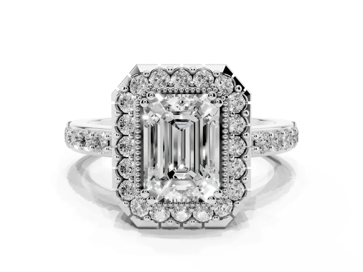 Emerald Cut Diamond Halo Ring with Pavé Band and Prong Setting Silver