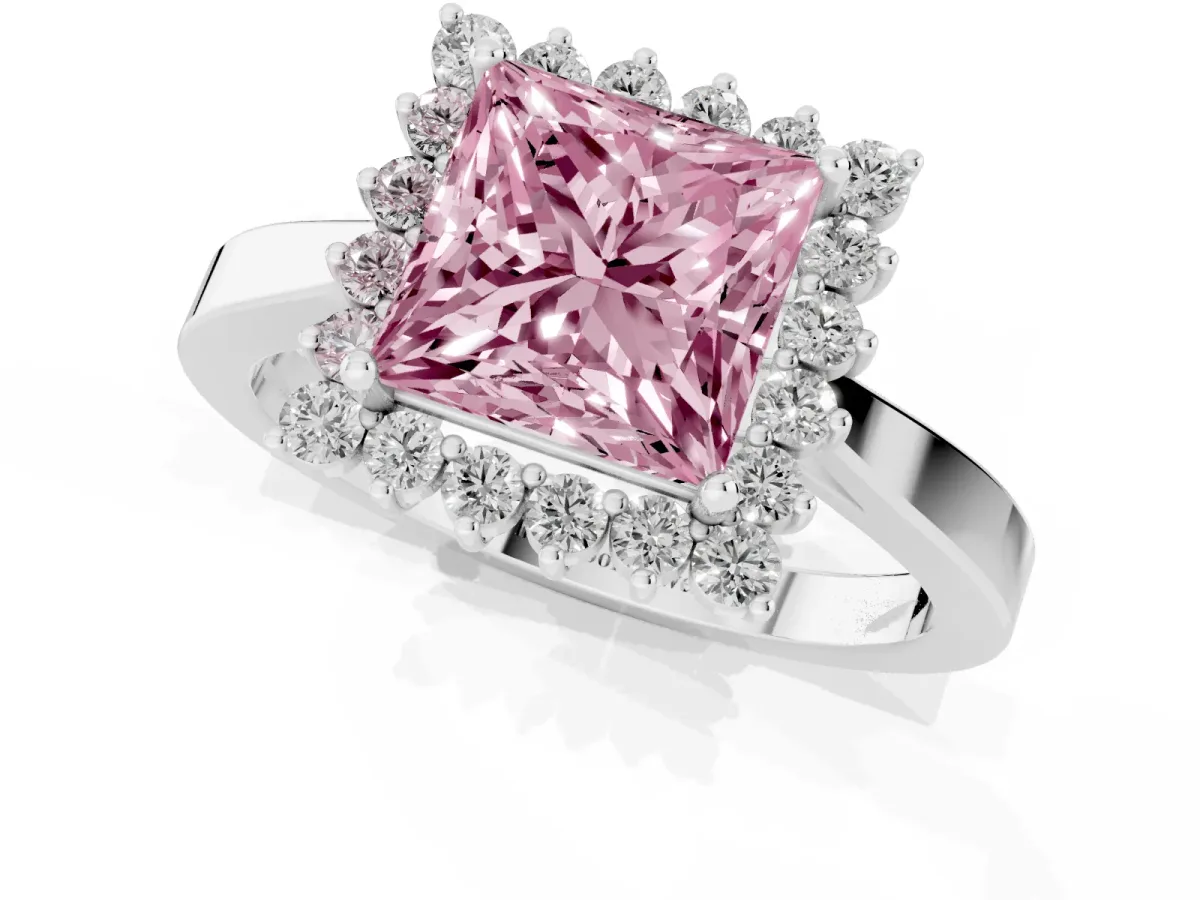 Fancy Pink Princess Cut Cut Diamond Halo Ring with Round Brilliant Halo and Solitaire Band Platinum
