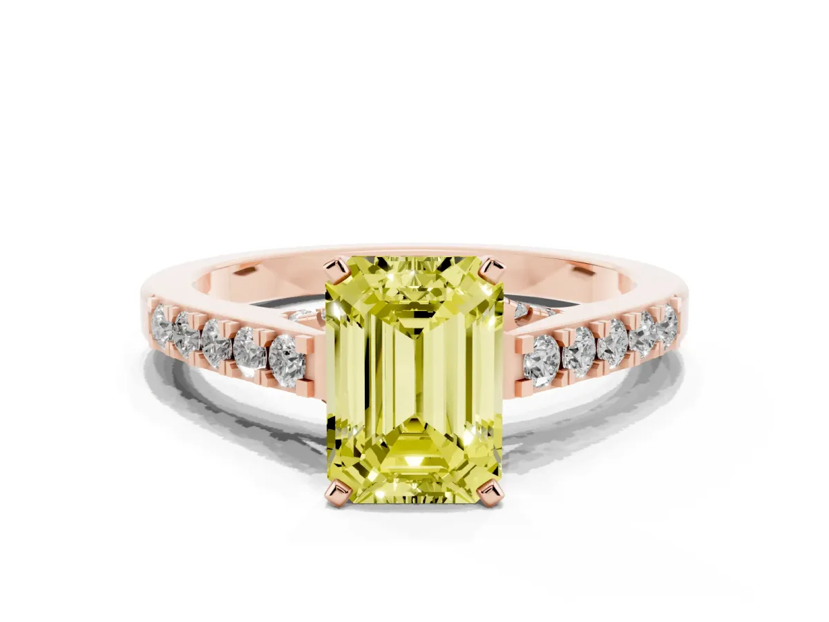 Fancy Yellow Emerald Cut Diamond Solitaire Ring with Crossover Gallery and Round Pavé Band Rose gold