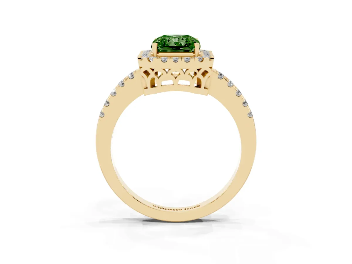 Fancy Green Radiant Cut Halo Diamond Engagement Ring with Pavé Band and Four-Prong Setting Yellow gold