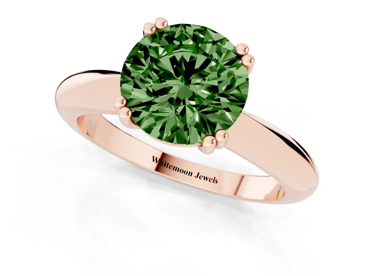 Fancy Green Round Cut Cut Solitaire Engagement Ring with Tapered Band and Four-Prong Setting Rose gold