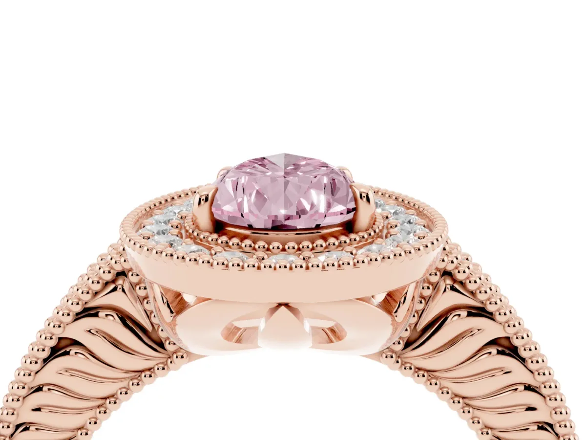 Fancy Pink Pear Cut Cut Halo Diamond Ring with Pavé Band and Four-Prong Setting Rose gold