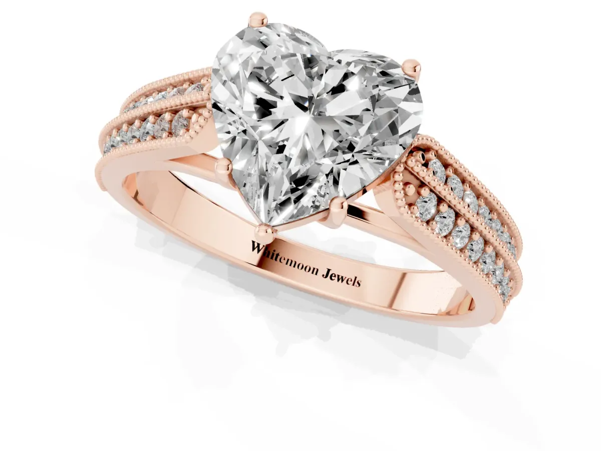 Heart Cut Cut Pave Split Shank Engagement Ring with Four-Prong Setting Rose gold