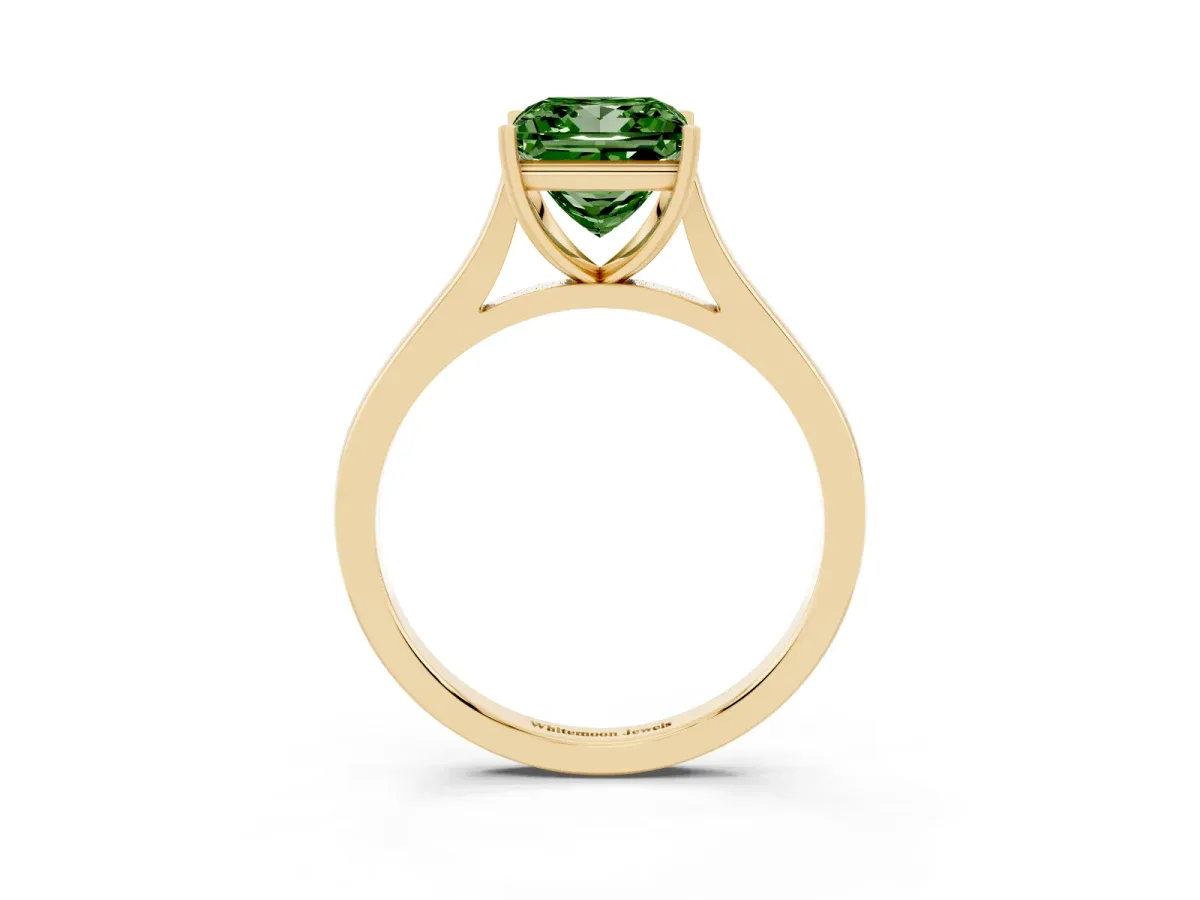 Fancy Green Princess Cut Solitaire Heart Prong Engagement Ring with Tapered Band Yellow gold