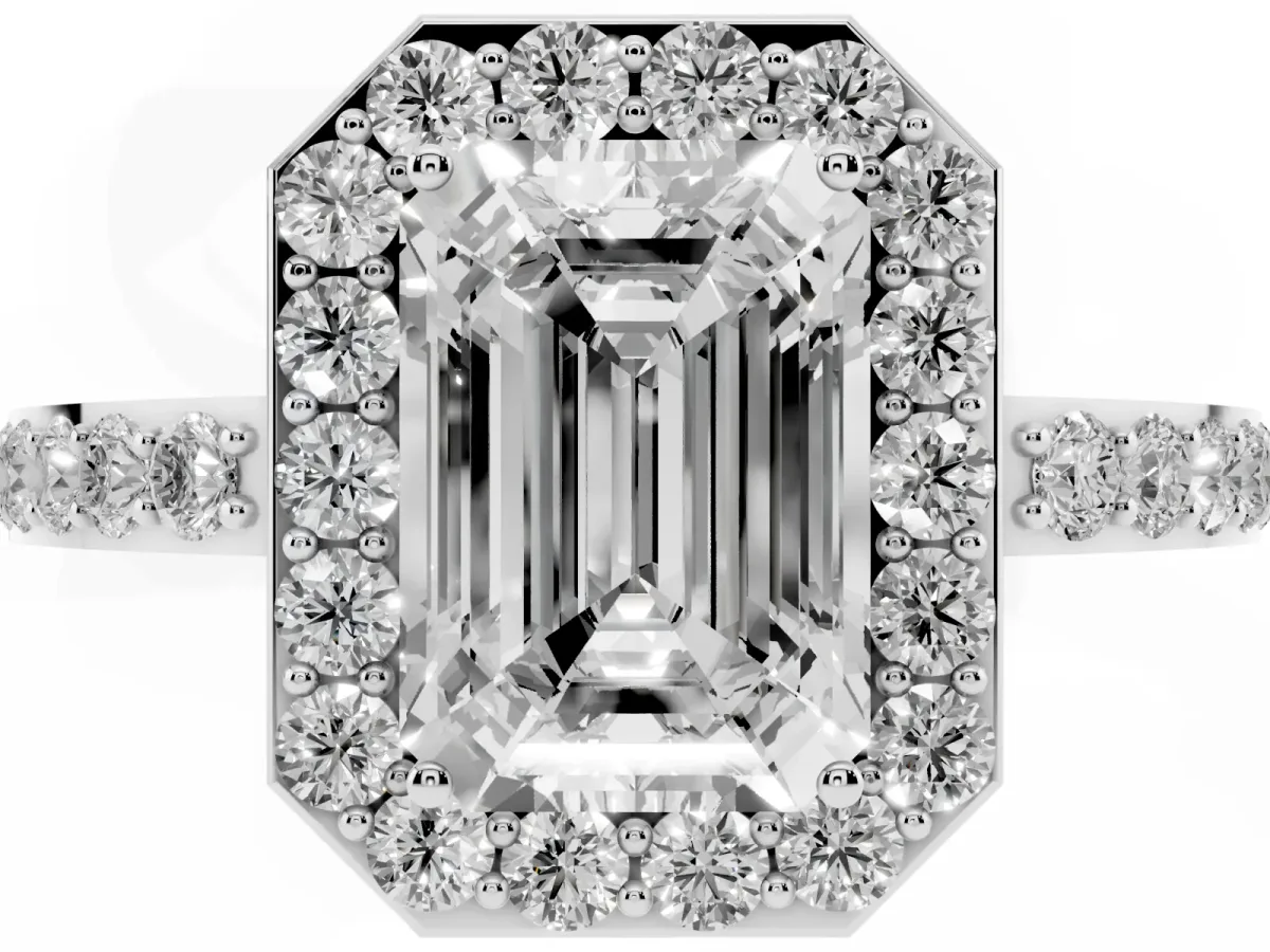 Emerald Cut Halo Diamond Pavé Band Ring with Prong Setting Platinum