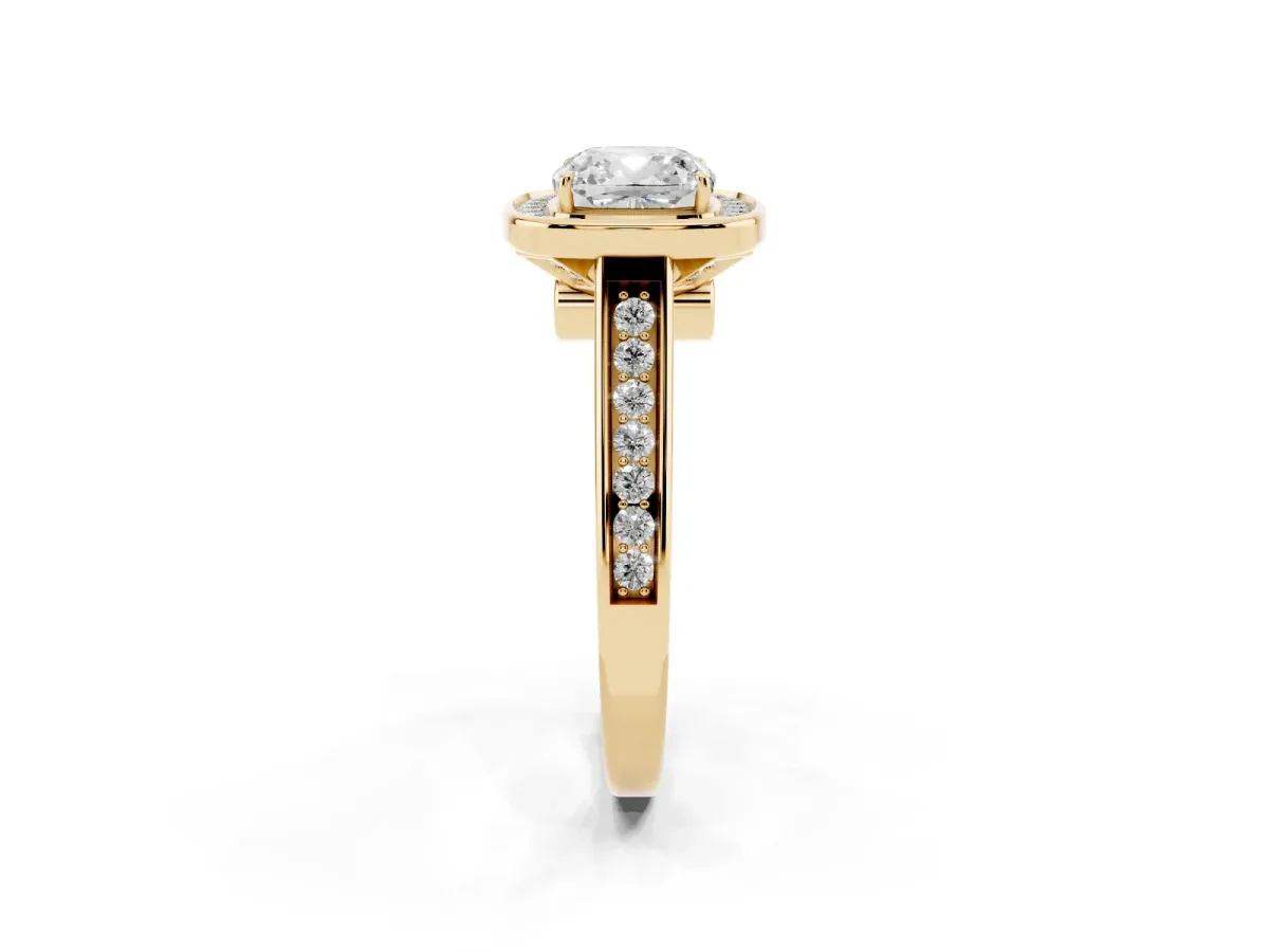Cushion Cut Halo Solitaire Diamond Ring with Pave Band and Bezel Setting Yellow gold