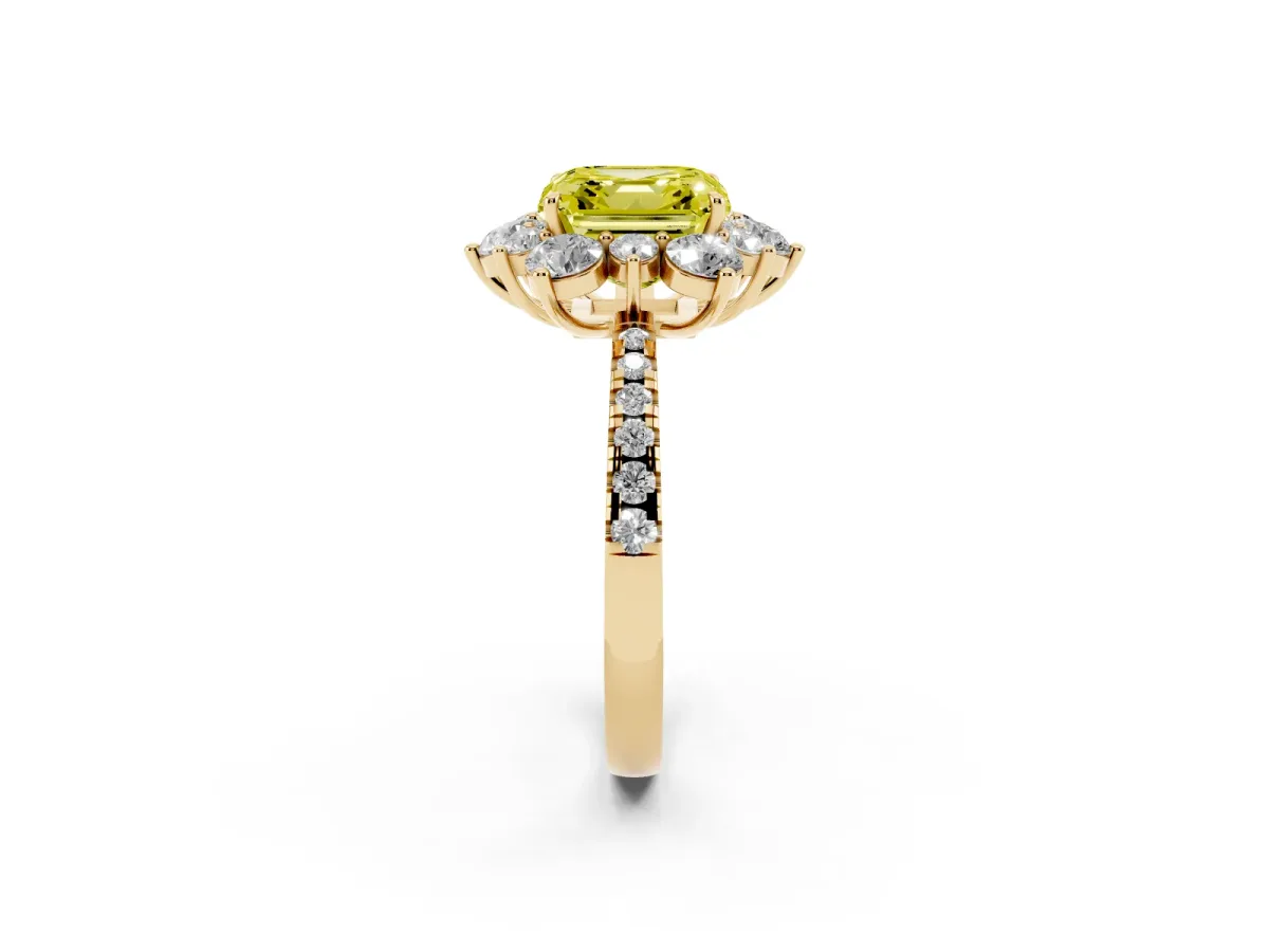 Fancy Yellow Asscher Cut Diamond Floral Halo Ring with Round Pavé Band and Prong Setting Yellow gold