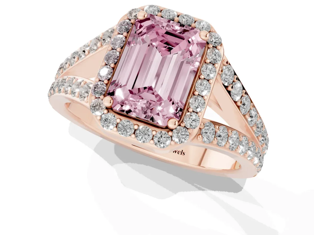 Fancy Pink Emerald Cut Diamond Split Shank Halo Ring with Four-Prong Setting Rose gold