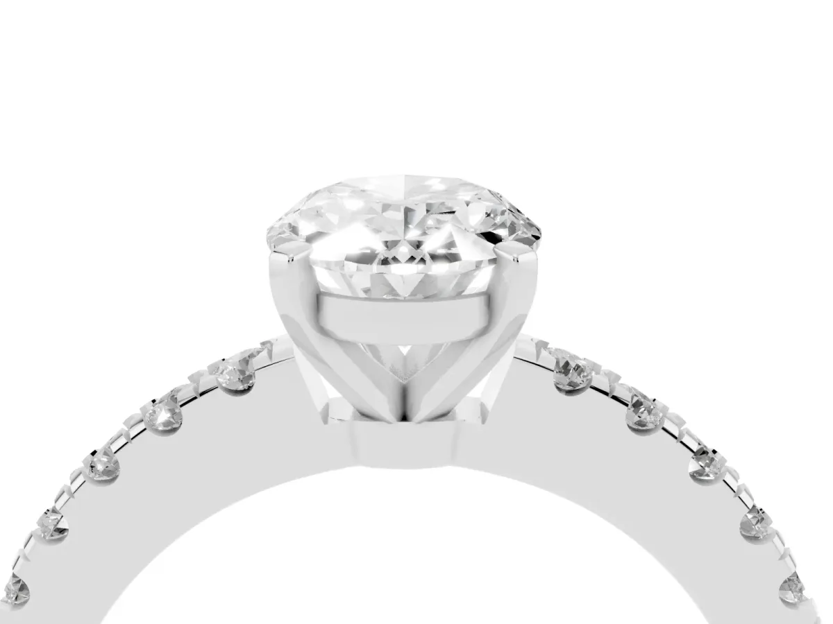 Oval Cut Solitaire Diamond with Pavé Band and Four-Prong Setting Platinum