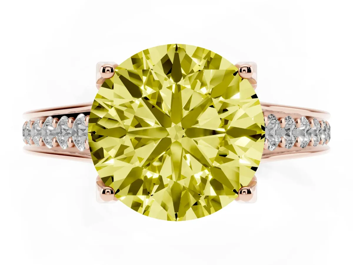 Fancy Yellow Round Cut Brilliant Cut Diamond Engagement Ring with Pavé Band and Four-Prong Setting Rose gold