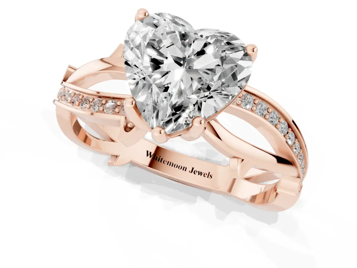 Heart Cut Solitaire Twist Band with Pavé Accents and Four-Prong Setting Rose gold