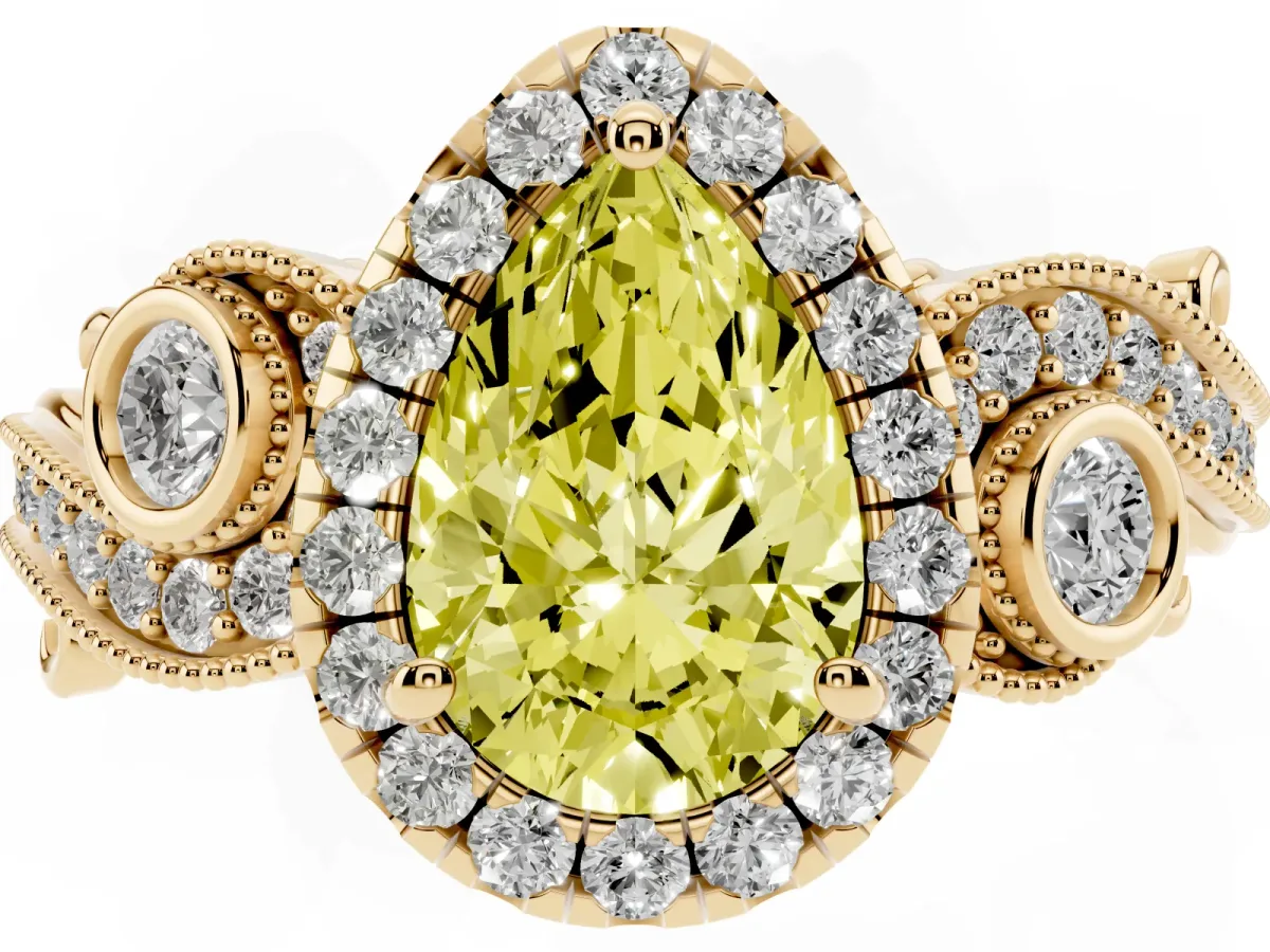 Fancy Yellow Pear Cut Diamond Halo Ring with Milgrain Pavé Band and Four-Prong Setting Yellow gold