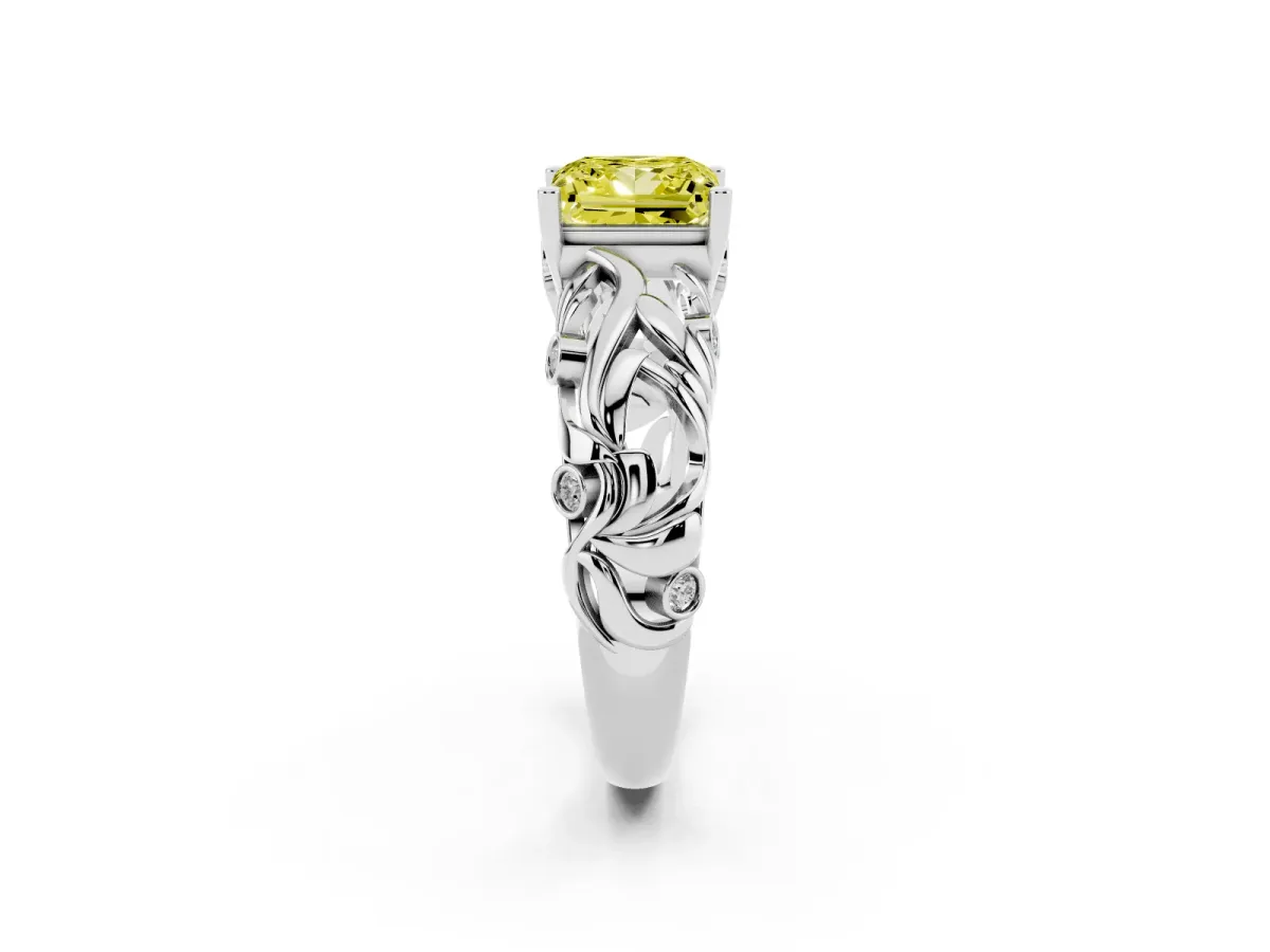 Fancy Yellow Princess Cut Solitaire Diamond Leaf-Inspired Vine Band Ring with Prong Setting Platinum