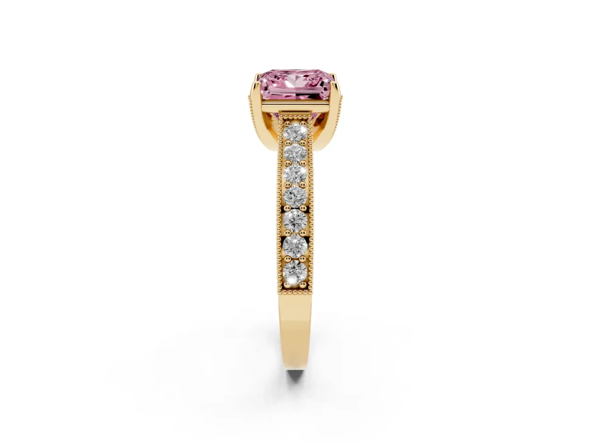 Fancy Pink Princess Cut Cut Diamond Solitaire Ring with Milgrain Pave Band and Four Prong Setting Yellow gold