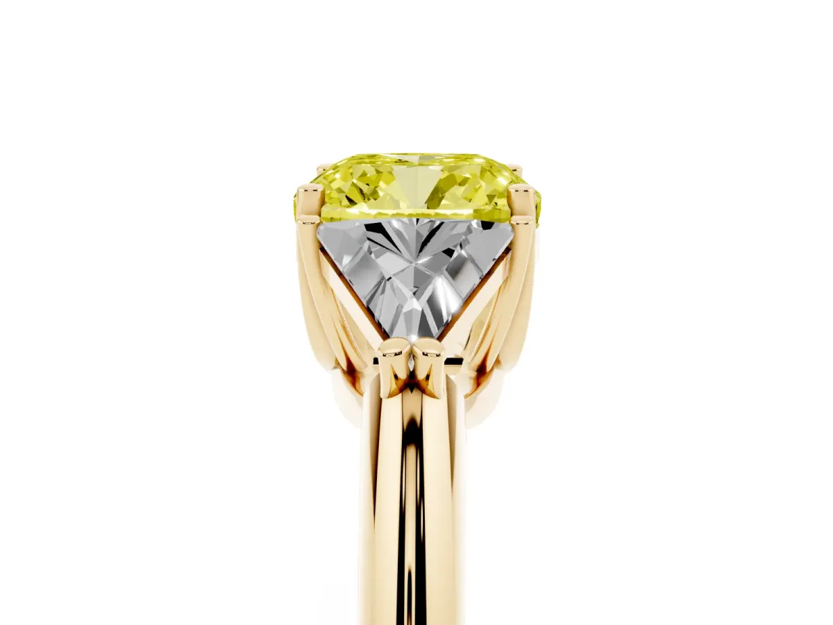 Fancy Yellow Three-Stone Cushion Cut Diamond Engagement Ring with Trillion Side Stones and Prong Setting Yellow gold
