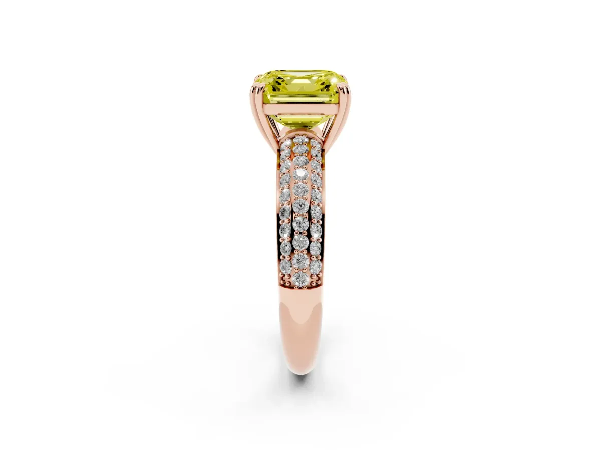 Fancy Yellow Asscher Cut Diamond Solitaire Ring with Multi-Row Round Pavé Band and Prong Setting Rose gold