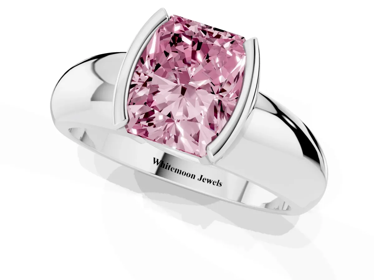 Fancy Pink Radiant Cut Solitaire Tension Set Diamond Ring with Wide Band Silver
