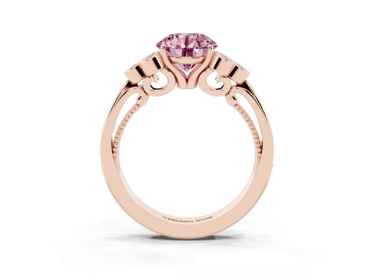 Fancy Pink Round Cut Cut Diamond Engagement Ring with Bezel Set Round Side Stones and Prong Setting Rose gold