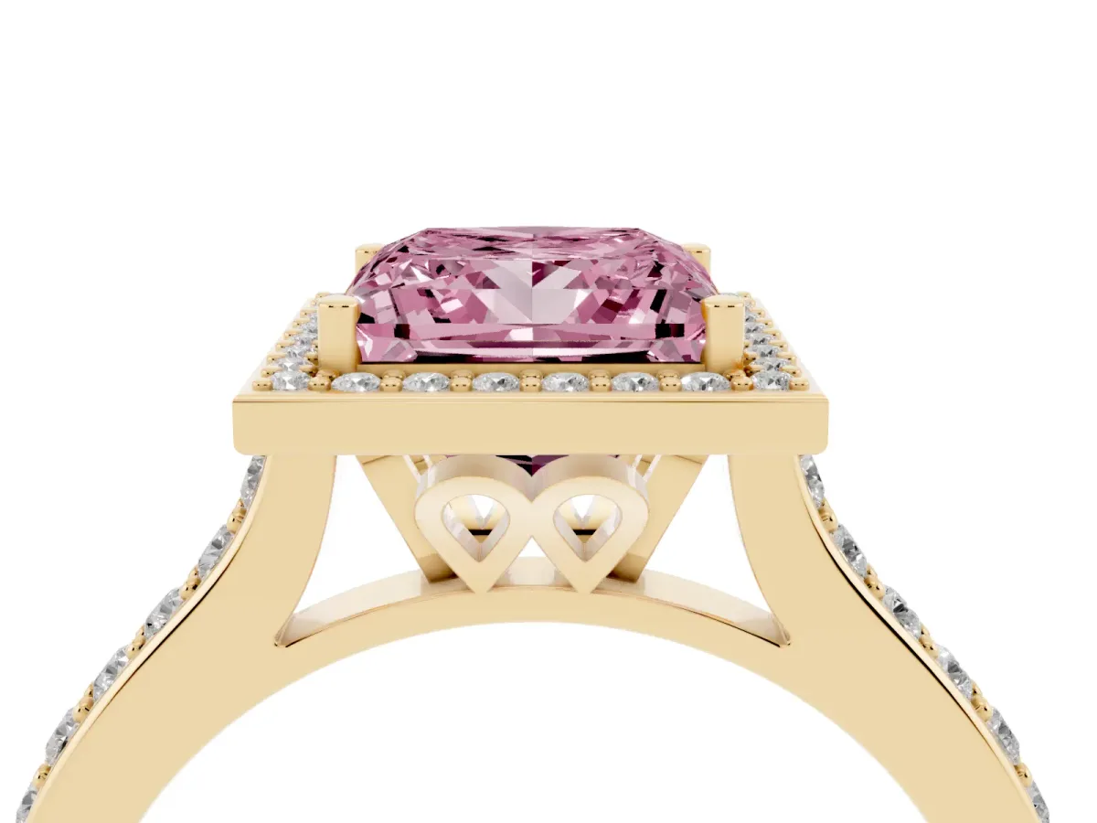 Fancy Pink Princess Cut Diamond Halo Engagement Ring with Round Pavé Shoulders and Prong Setting Yellow gold