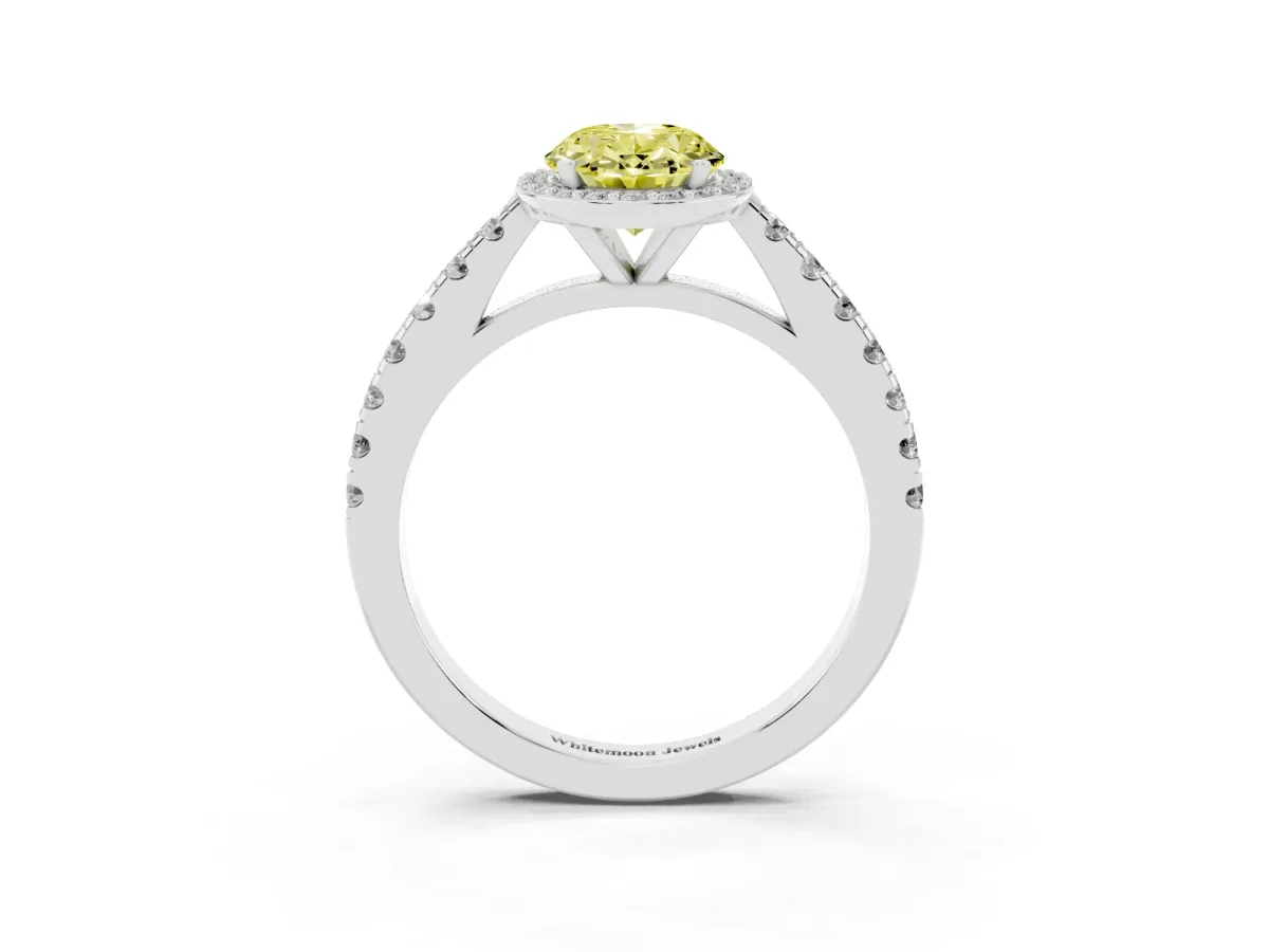 Fancy Yellow Oval Cut Cut Halo Diamond Engagement Ring with Pave Band and Four-Prong Setting Silver