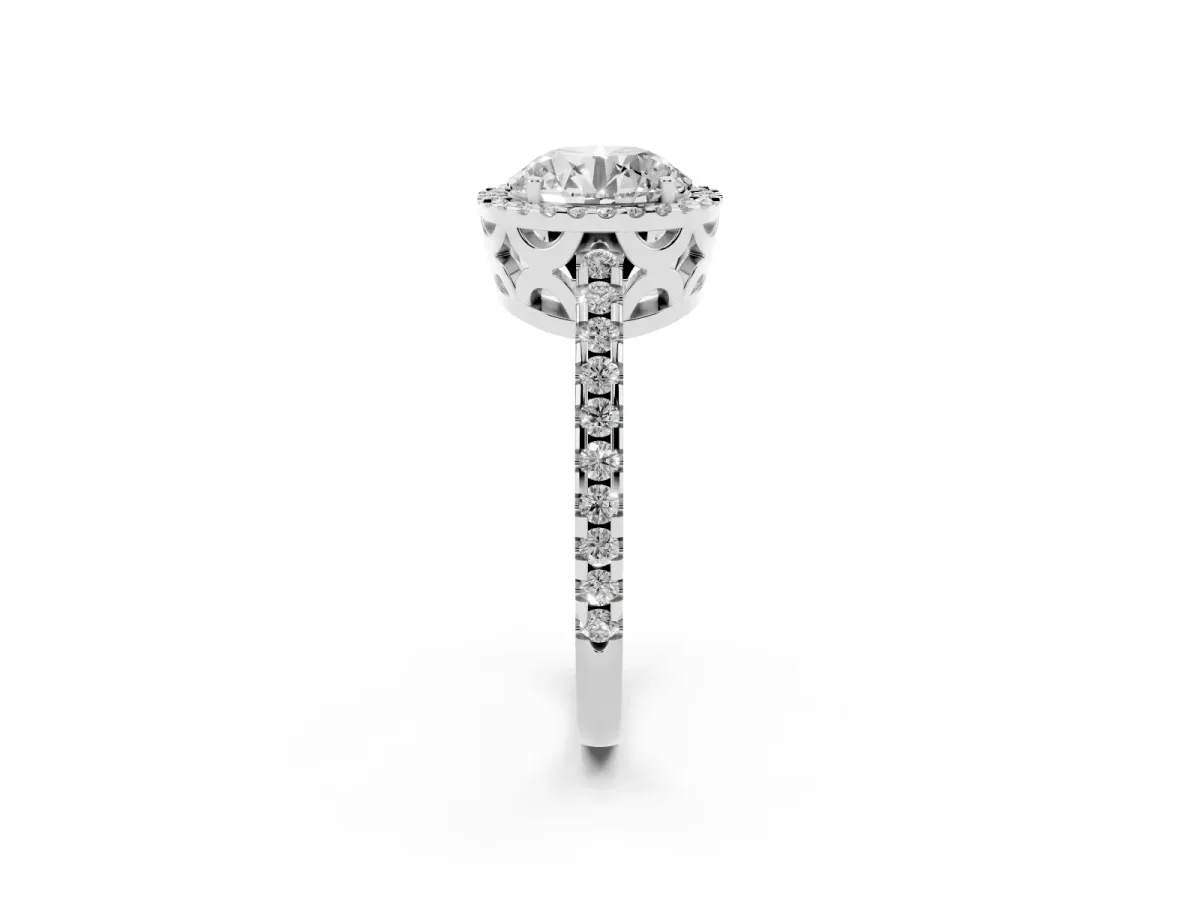 Round Cut Diamond Halo Engagement Ring with Pavé Band and Prong Setting Silver