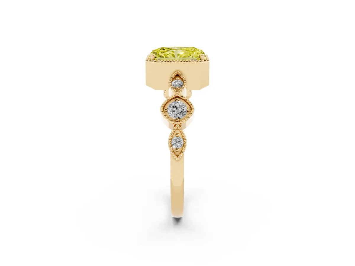 Fancy Yellow Radiant Cut Diamond Vintage Milgrain Ring with Round Stations Yellow gold