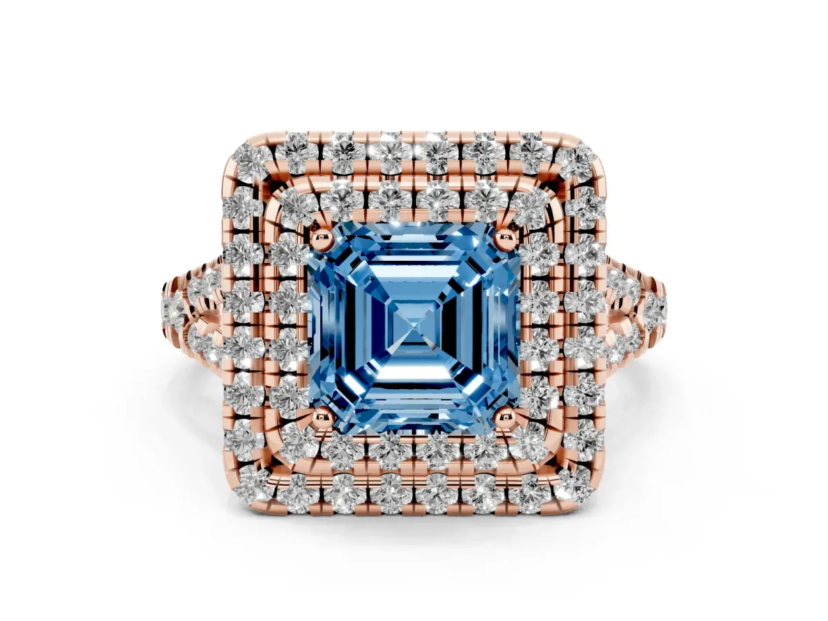 Fancy Blue Double Halo Asscher Cut Diamond Pavé Split Shank Ring with Prong Setting Rose gold