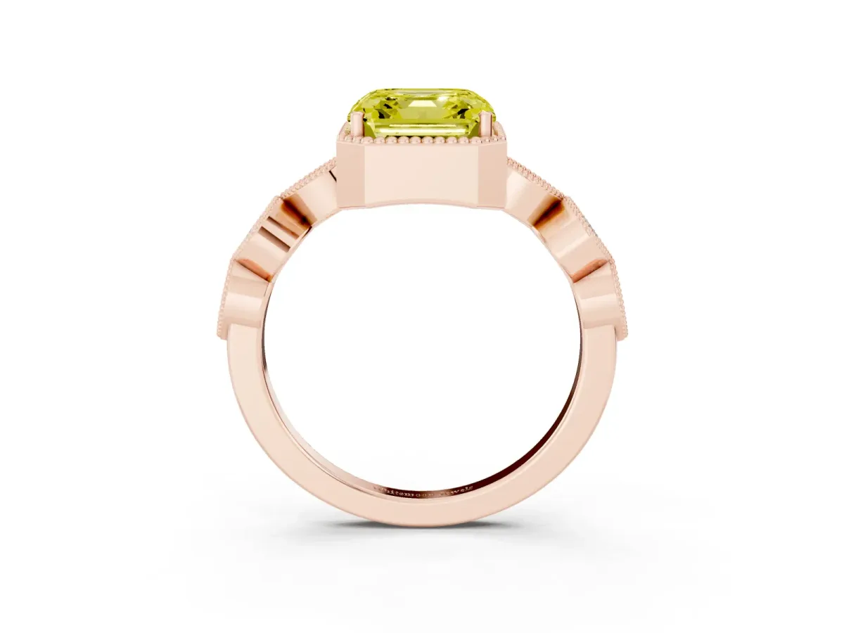Fancy Yellow Asscher Cut Diamond Vintage Milgrain Ring with Round Stations Rose gold