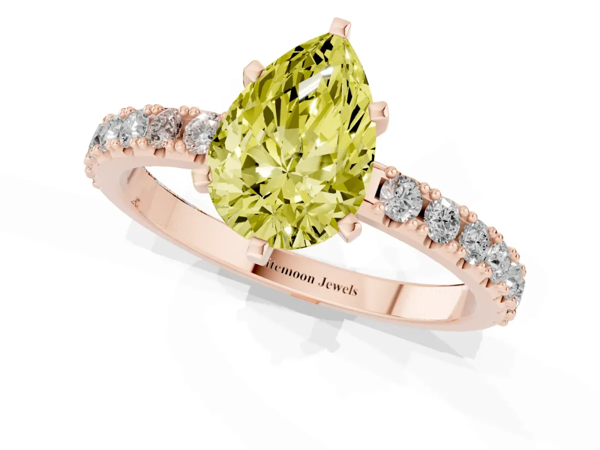 Fancy Yellow Pear Cut Diamond Solitaire Pavé Band with Four-Prong Setting Rose gold