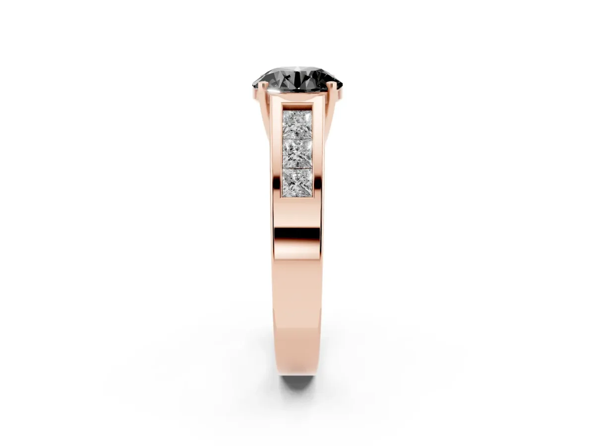 Fancy Black Round Cut Cut Channel Set Solitaire Ring with Four-Prong Setting Rose gold