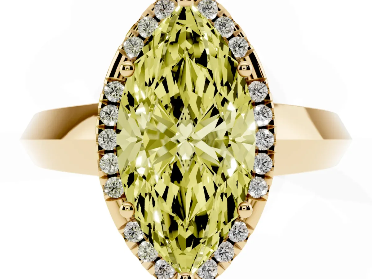 Fancy Yellow Marquise Cut Halo Diamond Ring with Cathedral Band and Four-Prong Setting Yellow gold