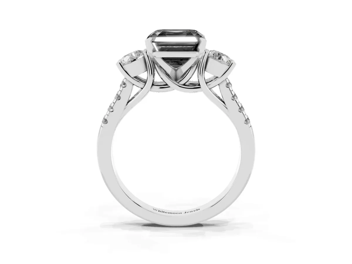 Fancy Black Three-Stone Asscher Cut Diamond Pavé Band with Four-Prong Setting Platinum