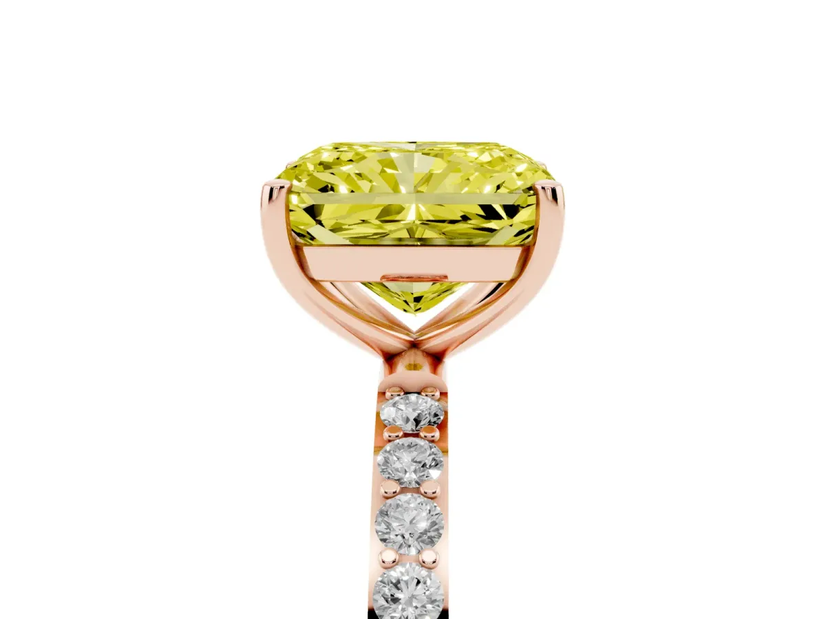 Fancy Yellow Radiant Cut Diamond Solitaire Ring with Round Pavé Shoulders and Prong Setting Rose gold