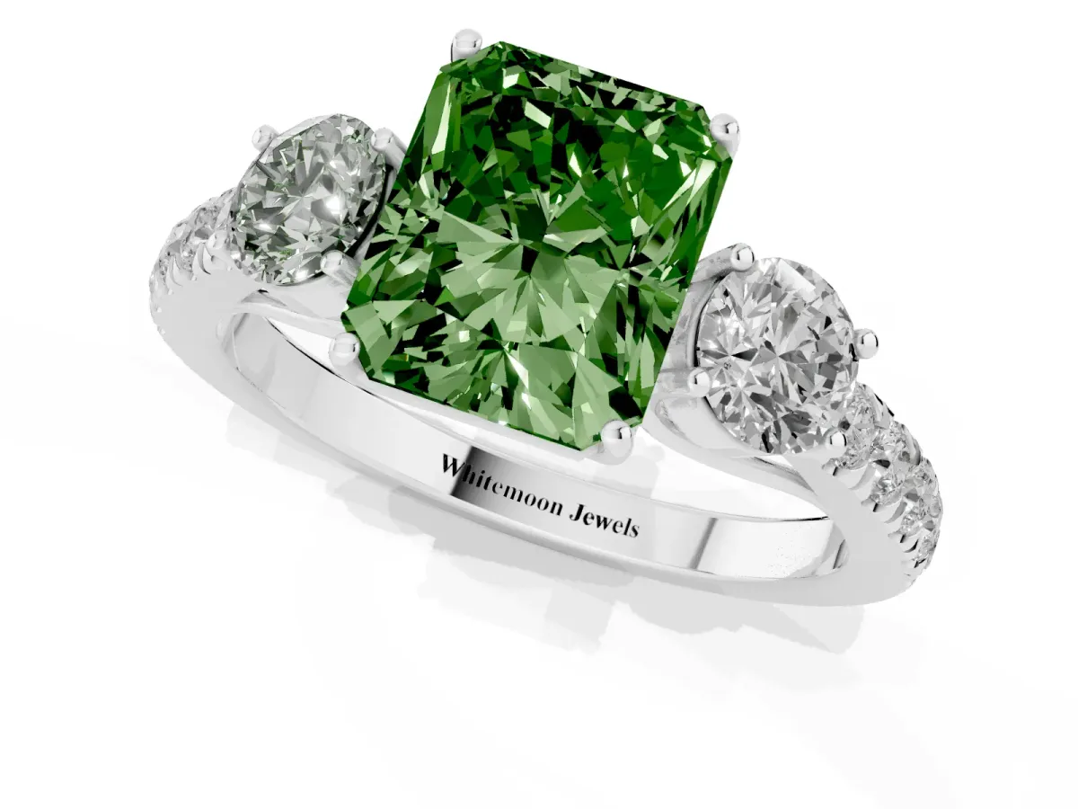 Fancy Green Radiant Cut Cut Diamond Three-Stone Ring with Round Side Stones and Pavé Band Silver