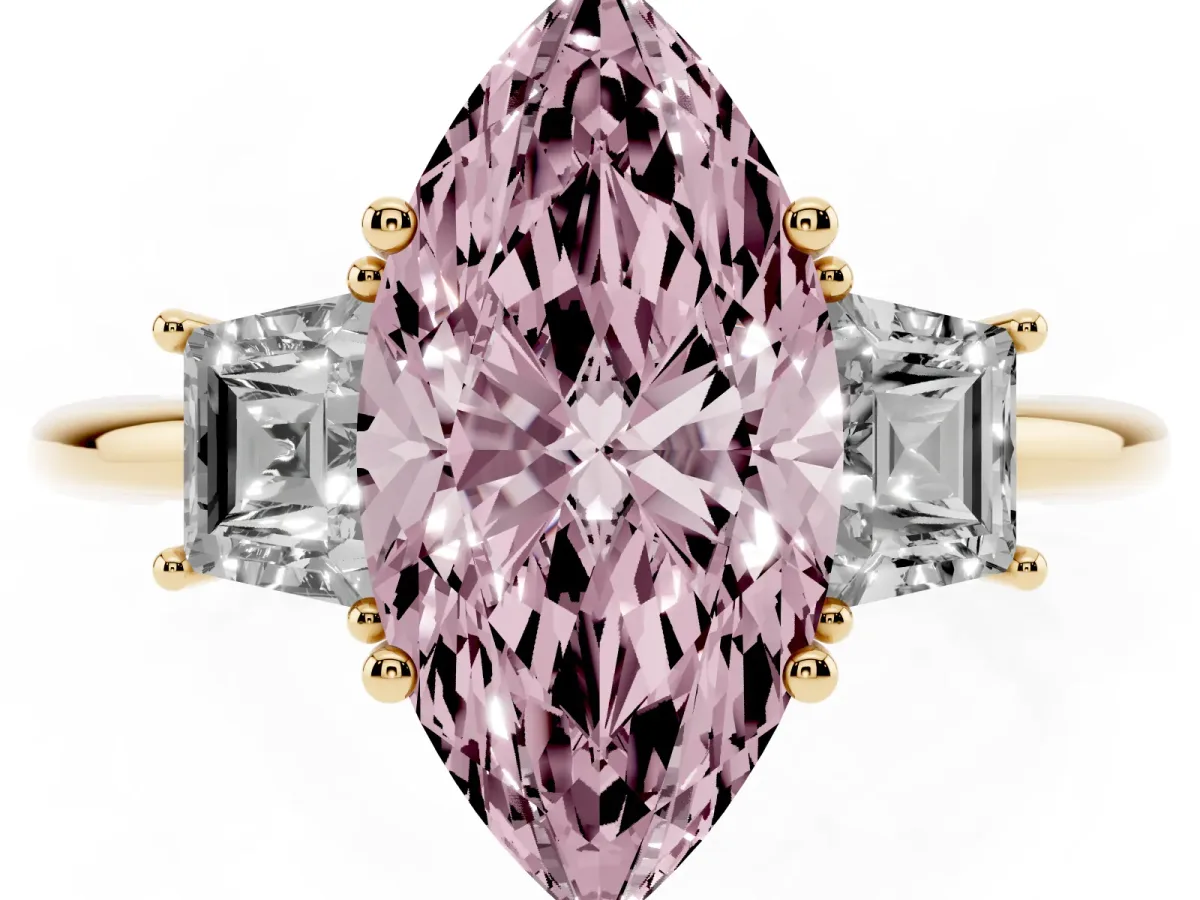Fancy Pink Marquise Cut Diamond Three-Stone Ring with Trapezoid Side Stones and Prong Setting Yellow gold
