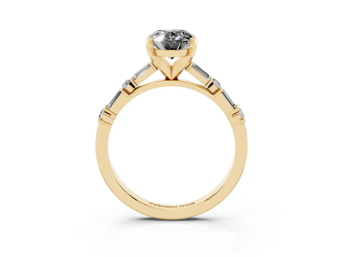 Fancy Black Oval Cut Diamond Solitaire with Side Baguettes and Channel Set Band Yellow gold