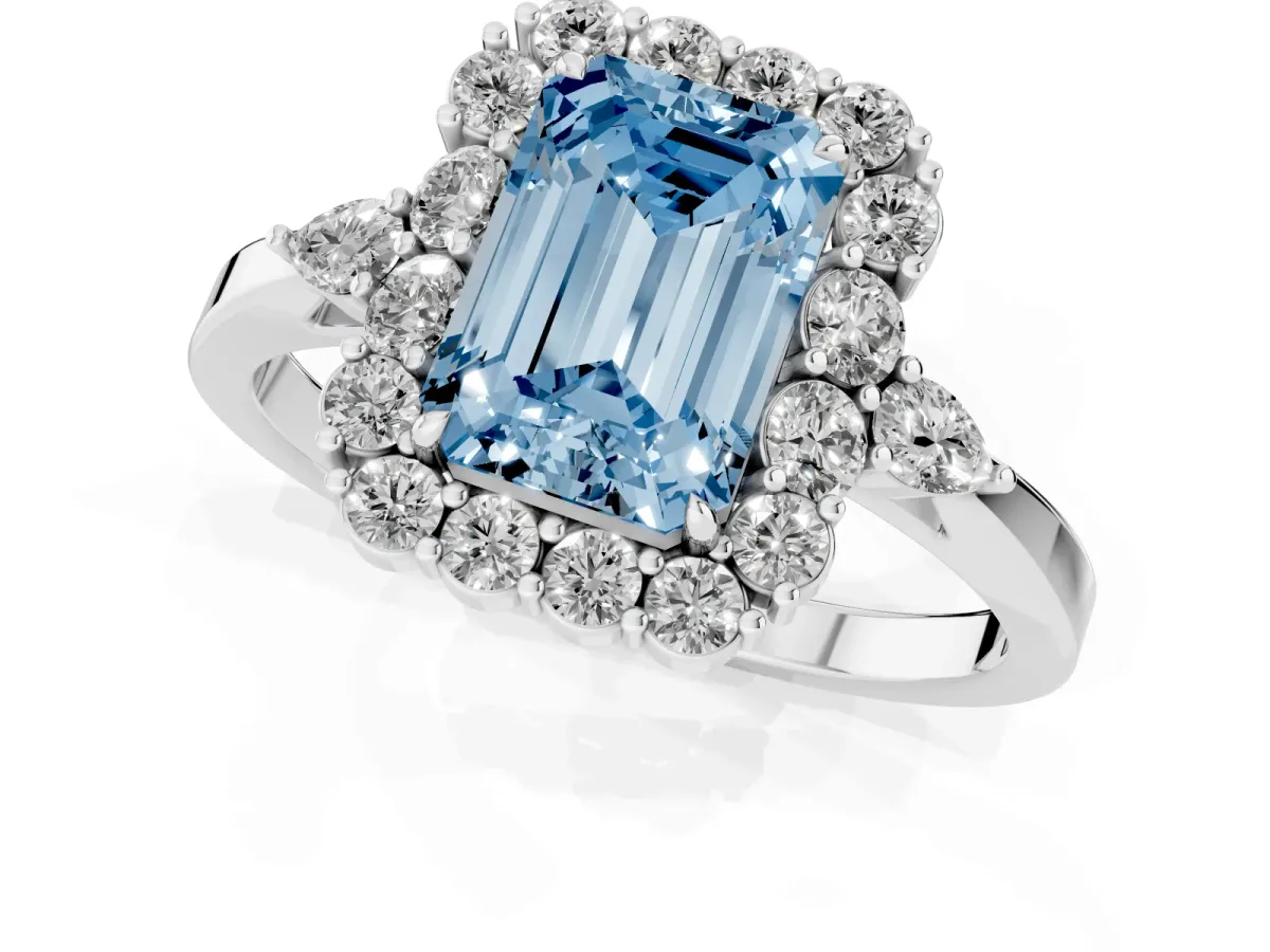 Fancy Blue Emerald Cut Diamond Halo Ring with Pear Side Stones and Prong Setting Platinum