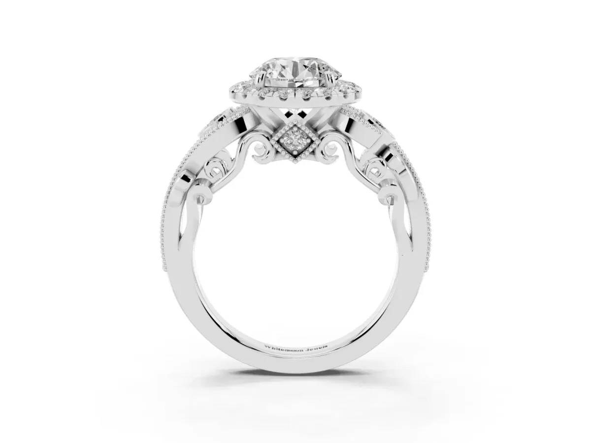 Round Cut Diamond Halo Ring with Milgrain Pavé Band and Four-Prong Setting Platinum