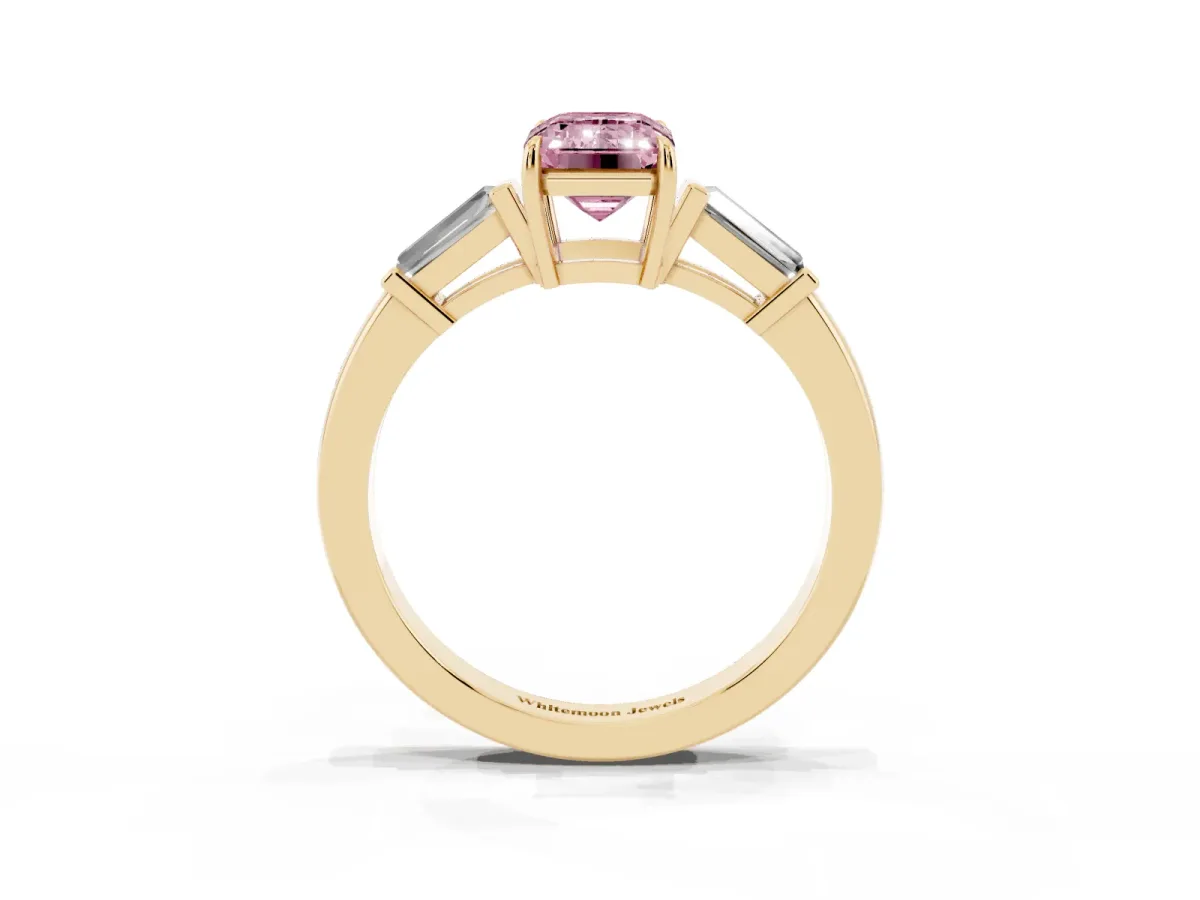 Fancy Pink Emerald Cut Diamond Three-Stone Ring with Tapered Baguette Side Stones and Prong Setting Yellow gold