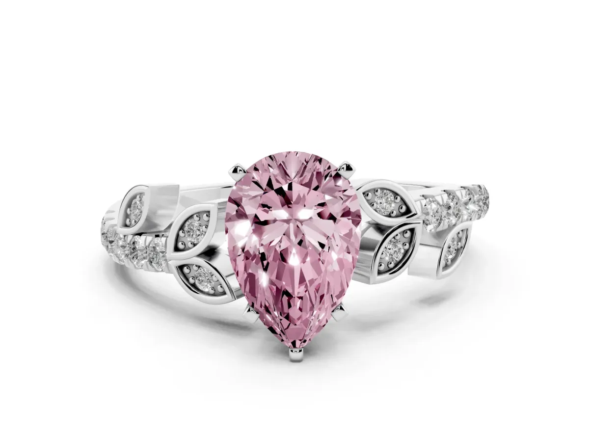 Fancy Pink Pear Cut Solitaire Leaf-Inspired Diamond Ring with Pavé Band and Four-Prong Setting Silver