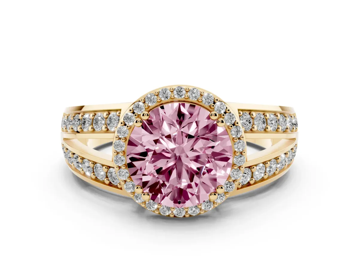 Fancy Pink Round Cut Diamond Halo Ring with Split Shank Pavé Band and Four-Prong Setting Yellow gold
