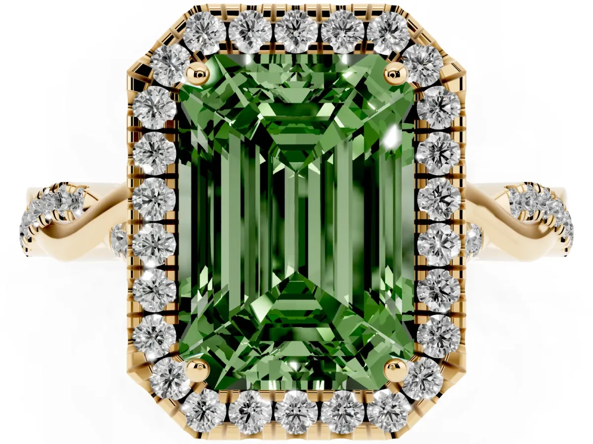 Fancy Green Emerald Cut Halo Twist Band Solitaire Ring Yellow gold