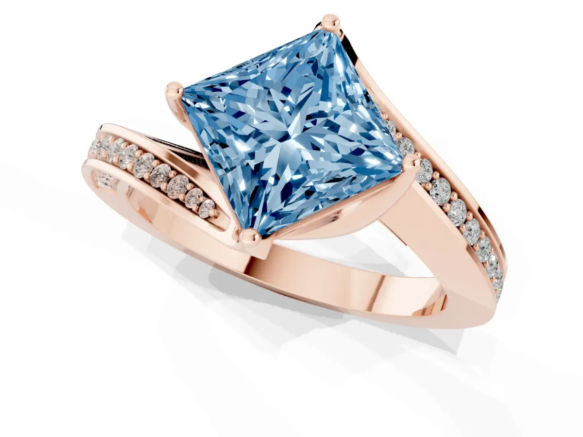 Fancy Blue Princess Cut Solitaire Diamond Twist Band with Pavé Setting and Four-Prong Setting Rose gold