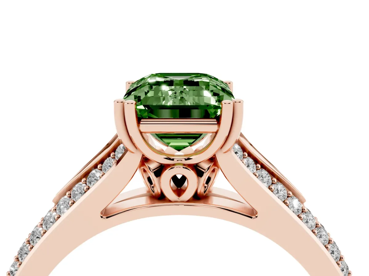 Fancy Green Emerald Cut Diamond Split Shank Engagement Ring with Pavé Band Rose gold