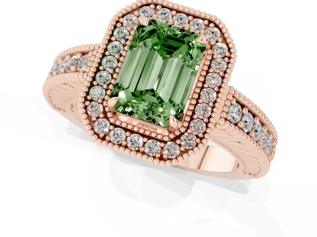 Fancy Green Emerald Cut Cut Halo Diamond Ring with Pavé Band and Four-Prong Setting Rose gold