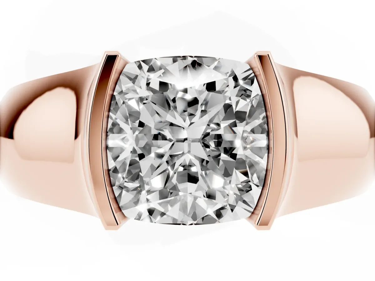 Cushion Cut Solitaire Bezel Set Diamond Ring with Wide Band Rose gold