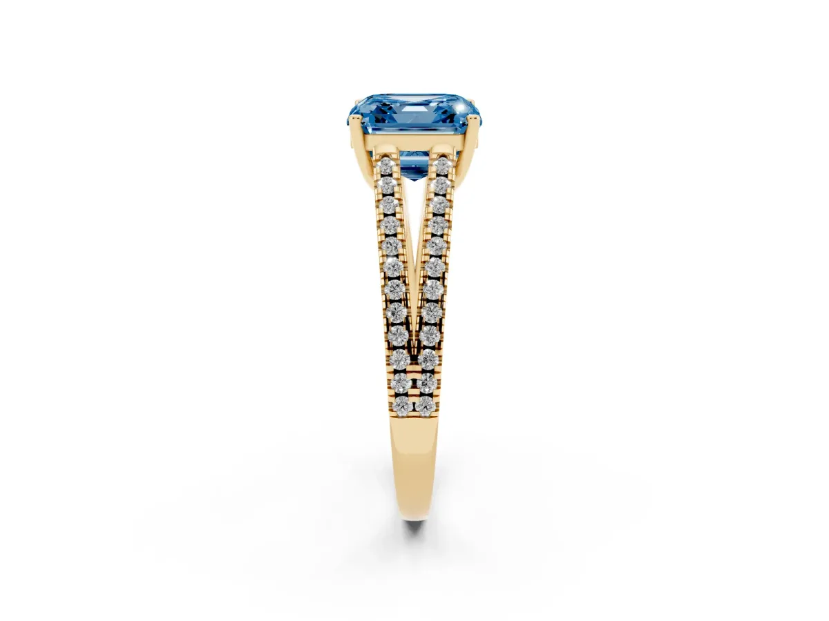 Fancy Blue Asscher Cut Diamond Solitaire Engagement Ring with Split Shank Pavé Band Yellow gold