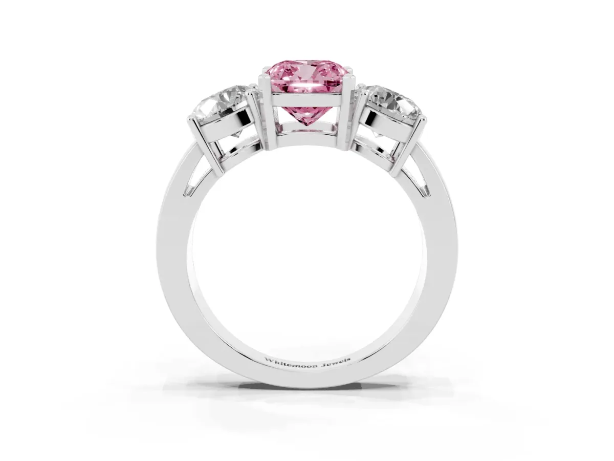 Fancy Pink Three-Stone Cushion Cut Diamond Ring with Round Side Stones, Classic Band, and Four-Prong Setting White gold
